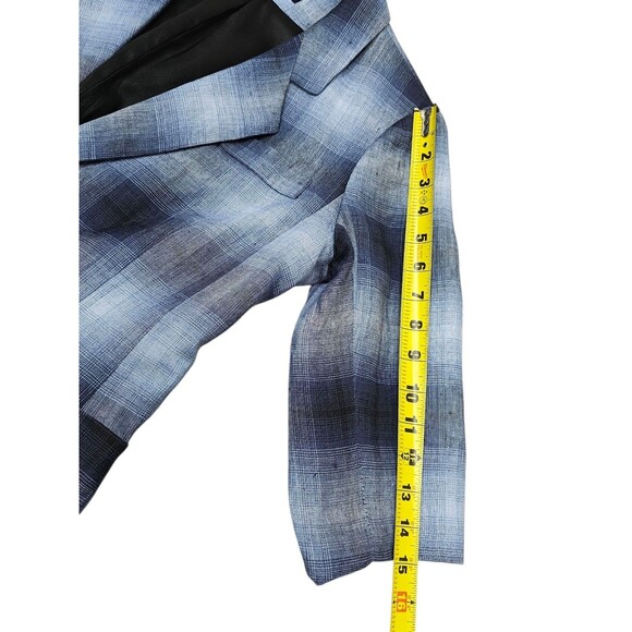 Smythe Blazer 100% Linen Shadow Plaid Tartan Blue Black Half Sleeve Pockets - Picture 12 of 16